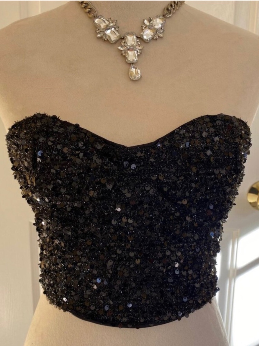SHEIN Back Zip Back Sequin Tube Top Bustier Women Black S